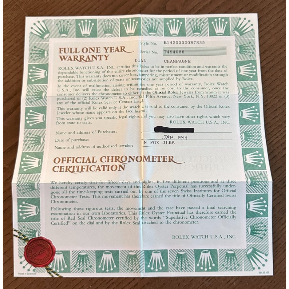 1996 Rolex Oyster Perpetual 14203 Warranty Certificate Guarantee T Series